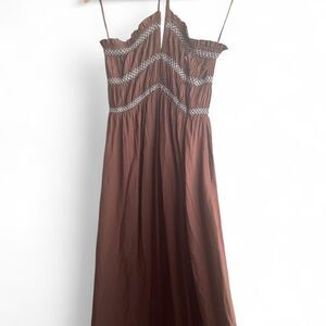 Dark brown & White Smocked Halter Neck Bodice Boho Maxi Dress